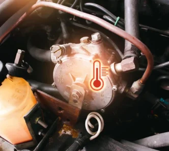 Motor de carro com destaque para o sensor de temperatura, ilustrado com ícone de termômetro indicando aquecimento.