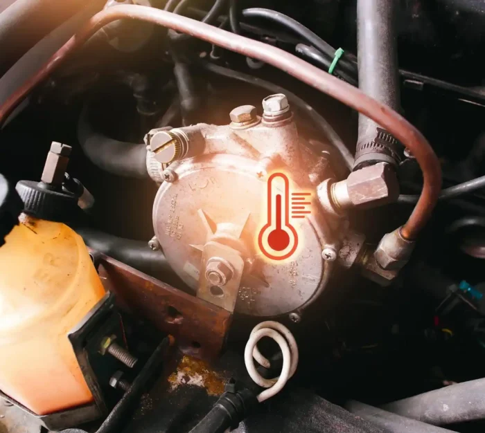 Motor de carro com destaque para o sensor de temperatura, ilustrado com ícone de termômetro indicando aquecimento.