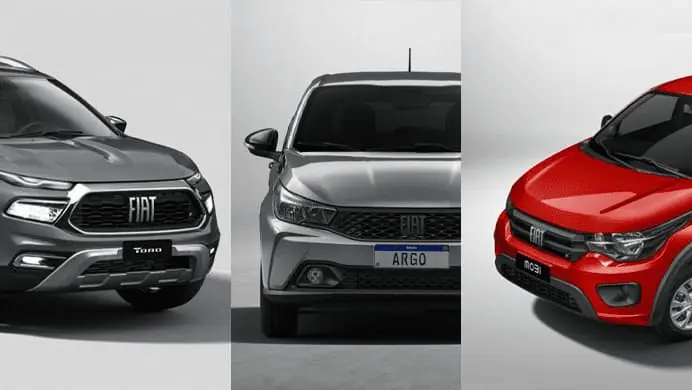 Modelos Fiat exibidos lado a lado, representando opções de veículos disponíveis na modalidade de venda direta.