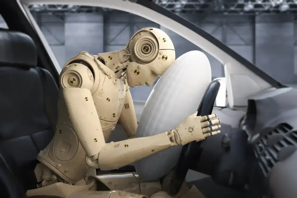 Teste de colisão com boneco mostrando airbag acionado no volante de carro