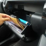 Documento de veículo guardado no porta-luvas, ilustrando situação de IPVA atrasado.