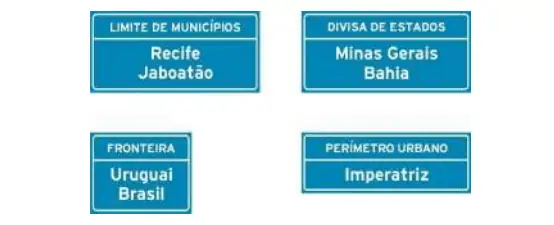 Conjunto de placas de identificação de trânsito urbano e rodoviário com nomes de cidades e fronteiras