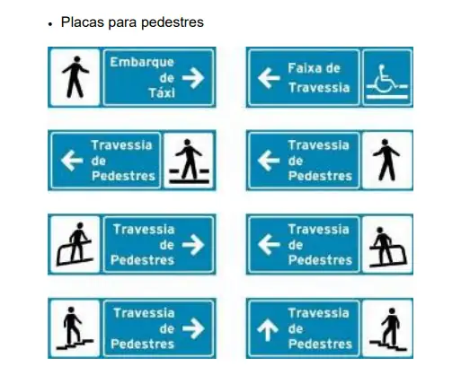 Placas de serviços auxiliares para pedestres com indicações de travessia, embarque e acessibilidade