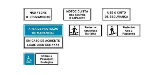 Conjunto de placas educativas de trânsito com instruções de segurança e travessia, indicando orientações para pedestres e motoristas