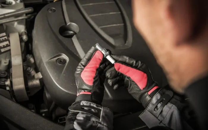 Mecânico com luvas de proteção segura velas de ignição diante do motor de automóvel.
