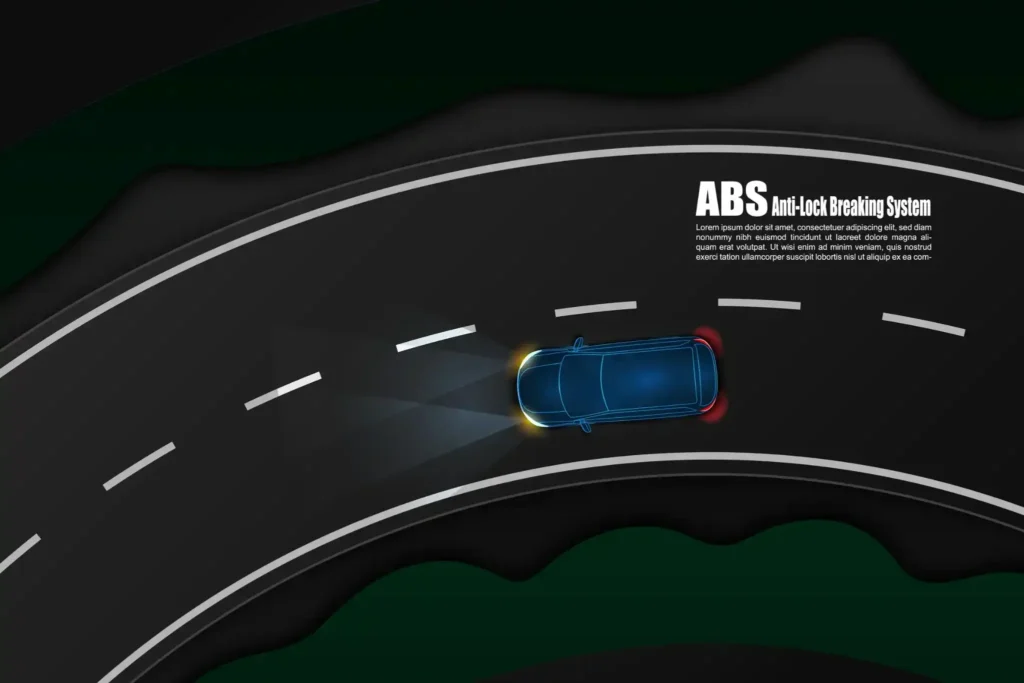 Como funciona o freio ABS? Ilustração aérea de carro contornando curva com destaque no freio ABS, demonstrando como ele mantém a estabilidade do veículo.