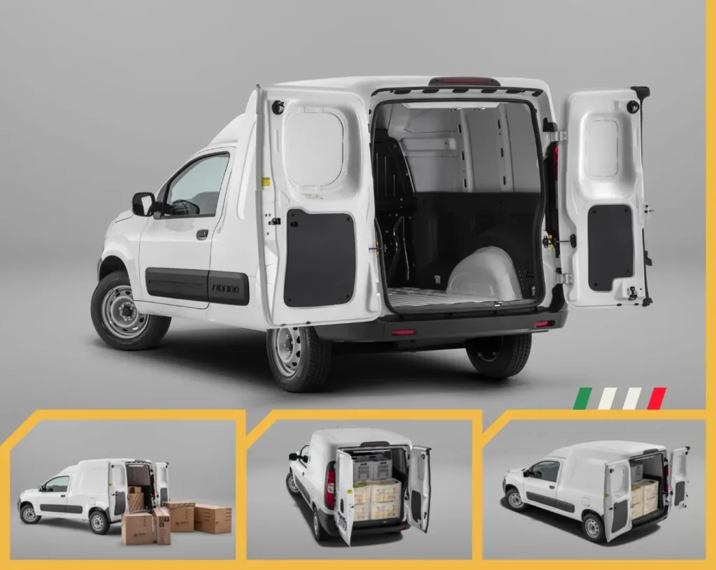 Porta-malas da Fiorino 2026 Compartimento traseiro da Fiat Fiorino 2026 com portas abertas e amplo espaço