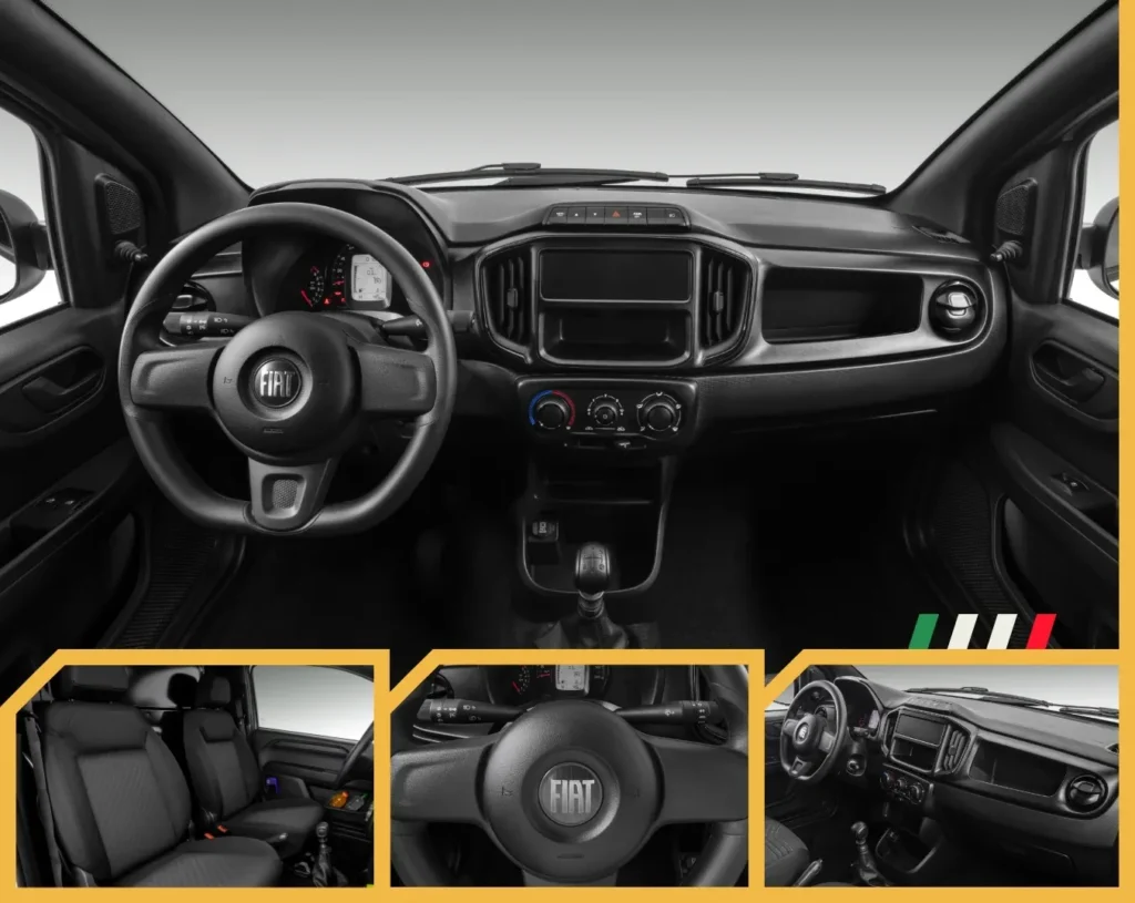 Interior da Fiat Fiorino 2026 Painel interno da Fiat Fiorino 2026 com volante e central simples funcional