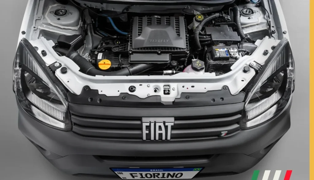 Motor da Fiat Fiorino 2026 Motor da Fiat Fiorino 2026 com componentes organizados no cofre