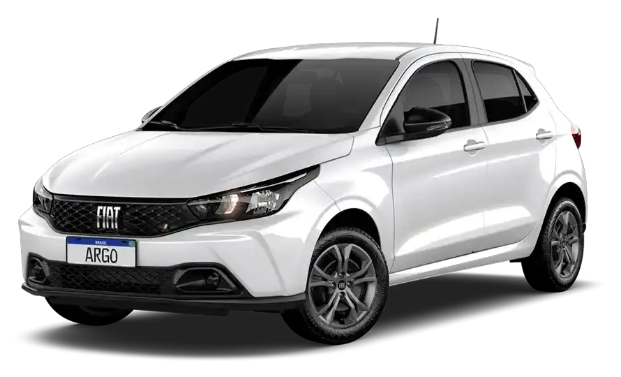 Fiat Argo Drive 1.0 2026 na cor branca visto de frente e lateral, destacando seu design moderno e equilibrado.