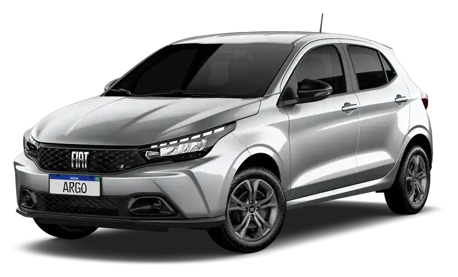 Carro Fiat Argo Drive 1.3 AT 2026 em cor prata visto de frente e lateral, destacado como versão moderna do modelo.