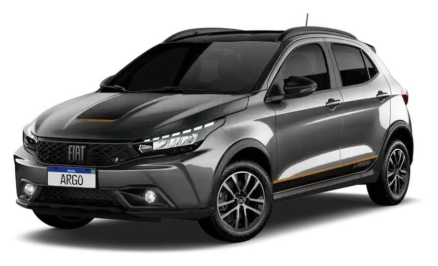 Fiat Argo Trekking 1.3 2026 em cor cinza com detalhes esportivos, visto de frente e lateral, destacando seu estilo aventureiro.