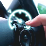 Motorista acionando o cruise control no volante para manter velocidade constante na estrada