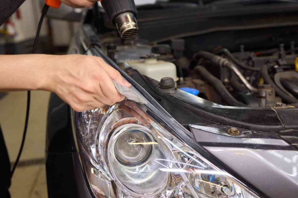 Manutenção de farol automotivo sendo realizada com ferramenta térmica em veículo