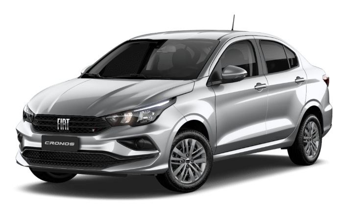 Fiat Cronos 1 0 prata sedan visto de três quartos dianteiro com fundo branco